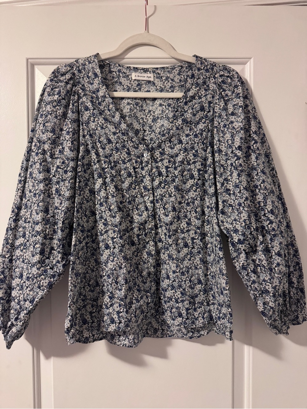 NWOT A Bronze Age blue floral blouse